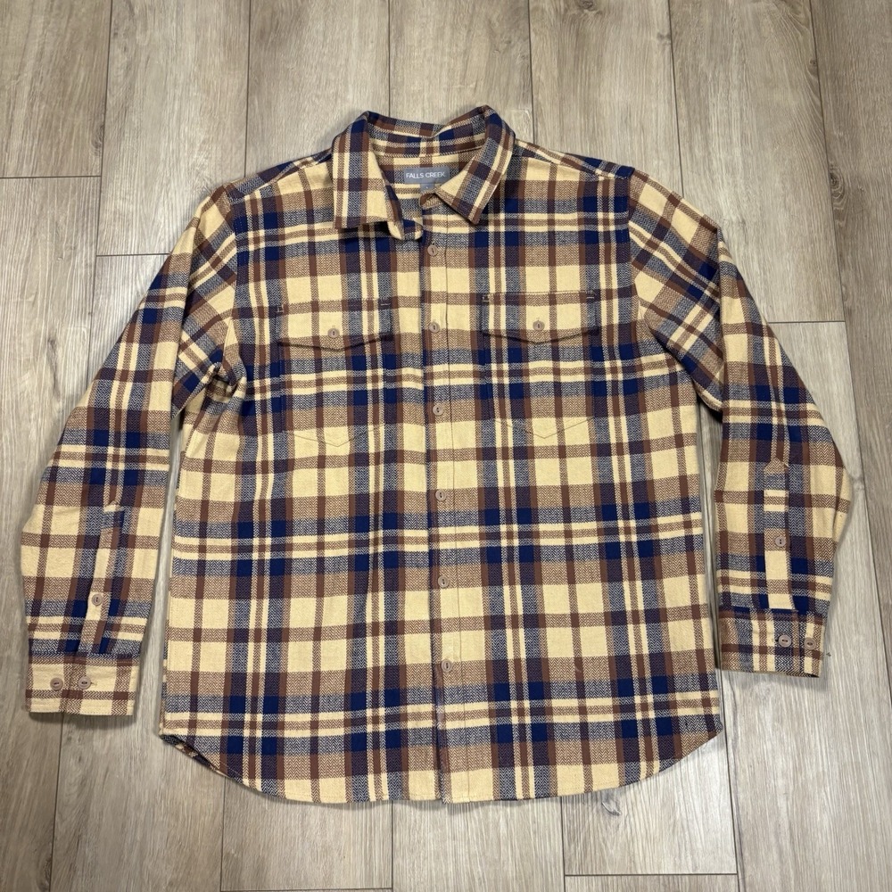 Falls Creek Stretch Men's Large Button Up Shirt Tan Brown Blue Checked Plaid